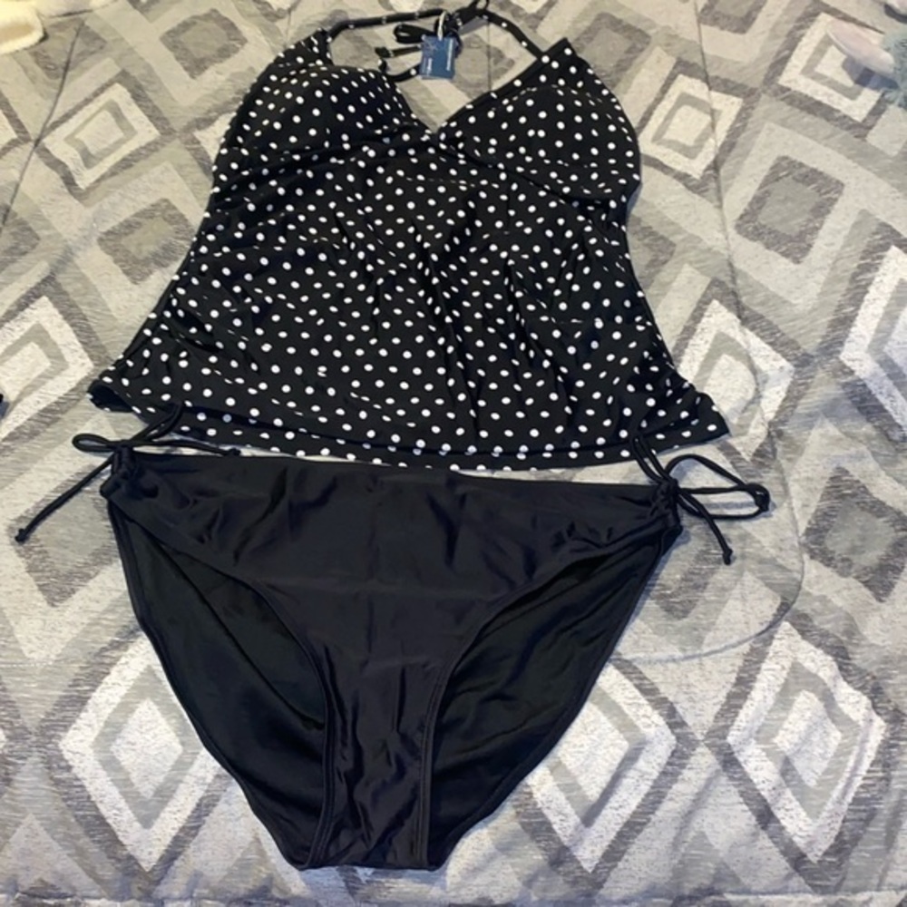 Summer Mae Black halter polka dot tankini bathing suit